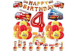 MEANJU Feuerwehr Geburtstag Deko 4 Jahre 36 Stück, Feuerwehrauto 4 Geburtstag Luftballon, Kindergeburtstag Feuerwehrauto Deko, Feuerwehrmann Geburtstagsdeko, Geburtstagsdeko 4 Jahre Junge