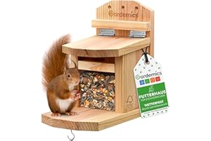 Gardemics Eichhörnchen Futterhaus wetterfest - Stabiles Eichhörnchen Haus aus verschraubtem Holz mit unbedenklicher Leinöl-Beschichtung - Eichhörnchen Futterstation inkl. Belüftungslöchern