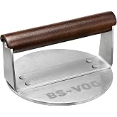 BS-VOG Smashed Burger Press, Heavy Weight with Wooden Handle, 6" Stainless Steel, Grill Press, Meat, Patty, Steak, Bacon, Gif