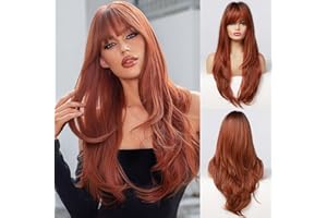Kellynee Ginger Wig with Bangs - Auburn Wigs for Women, Copper Red Long Straight Layered Realistic Hair, Dark Roots, Best Natural Synthetic Heat Resistant Wigs for Daily/Halloween/Party/Cosplay