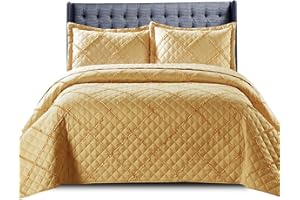 PHP Quilted Bedspread Bed Throws for Room Decor - Quilted Fabric Embossed Striped Pattern Ruffle Design Reversible Quilt Bedspreads Coverlets with Hypoallergenic Pillow Cover (Double, Ruffle Mustard)