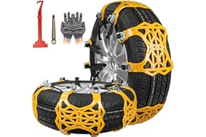 Oziral Cadenas de Nieve 7 Piezas Cadenas Antideslizantes Rueda de Neumático Ajustable con Pala de Nieve de Plástico y Guantes