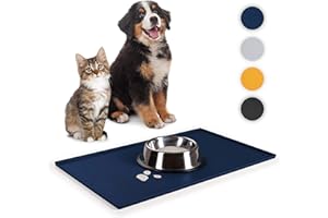 Everanimals podkładka pod miski dla kota 30x50 cm - mata pod miski dla psa z podniesionym rantem - wodoodporna mata pod miski dla psów - duża podkładka z silikonu - mata na jedzenie - niebieska
