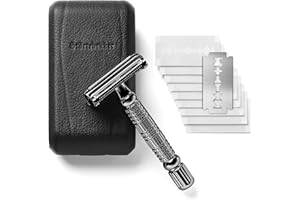 STÖRTEBEKKER SHAVING ACCESSORIES Maquinilla de afeitar clásica en estuche de cuero hecho a mano [+ 10 hojas Störtebekker] - Cuchilla de afeitar de primera calidad - Set de afeitado con espejo integrado (Negro - Negro)
