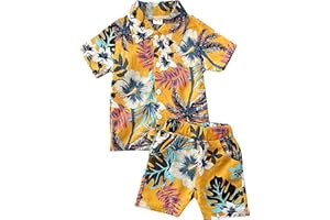 ASYBHYY Conjunto de Camisa y Pantalón Corto Hawaiano para Niños Pequeños 3.5-5 Años, Traje Casual Camisa Corta Camiseta Abotonada con Estampado Floral de Hojas & Pantalones Cortos