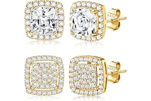 Dochais 2 Pares de Pendientes de Plata 925 Bañados en Oro 14K para Hombre y Mujer, Circonitas Cúbicas Redondas y Cuadradas Imitación Diamante, Iced Out, Hipoalergénicos