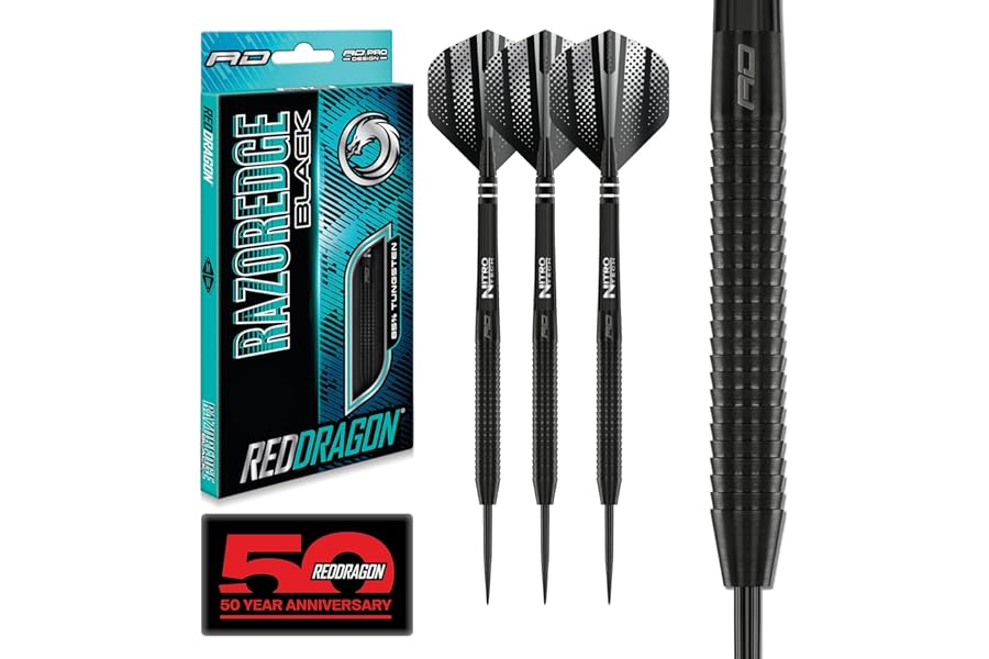 RED DRAGON Razor Edge Black Darts Set – 85% Tungsten Professional Steel Tip Darts | 20g, 22g, 23g, 24g, 26g, 28g | Pro Dart Set with Flights & Shafts