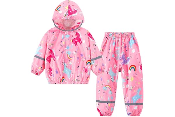 Domueay Regnjacka pojke flicka vattentät jacka och byxor lätt vikbar kostym regndräkt med reflekterande detaljer och huva utomhus regnrockar unisex barn bebis 1-7 år