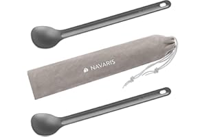 Navaris Cuillère Longue Camping - Lot 2X Couvert Camping Extra Long - Cuillère en Titane Randonnée Pique-Nique avec Pochette en Cotton