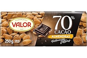 Chocolates Valor Tableta De Chocolate Negro 70% Cacao Y Almendras Mediterráneas Enteras Sin Gluten, 250g