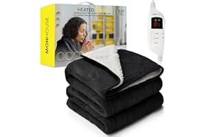 MONHOUSE Copriletto Riscaldato Coperta Elettrica Comandi Digitali Timer Fino A 9 Ore, 9 Impostazioni di Riscaldamento – Lavabile in Lavatrice - Singola 130X160Cm - Shearling Nero