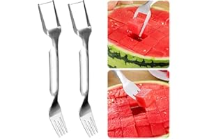Jemey 2 Stücke Wassermelonen Schneider, Melonenschneider Cutter Aus Edelstahl Messer, Melonenausstecher, 2 in 1 Wassermelonen Gabelschneider Obstgabeln für Küche Familien Partys Camping