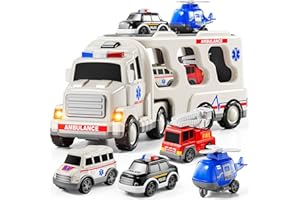 JUKUDAHU 5-IN 1 Play Ambulance Toy Vehicle Toddler Truck Toys for 3 4 5 6 7 Year Old Boys - Friction Powered Cars with Light and Sound, Police Car, Fire Truck, Ambulance Car, birthday gifts for kids
