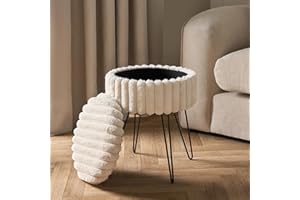OHS Dressing Table Chair Faux Fur Ribbed Storage Vanity Stool with Hairpin Legs Stylish Storage Ottoman Foot Stool for Living Room or Bedroom, One Size-Cream
