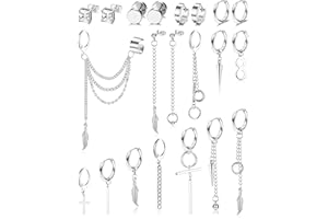 LOLIAS 21 Piezas Acero Inoxidable Pendientes para Hombres y Mujeres Pendientes Colgantes de Plumas Cruzadas Cadena Fresca Pendientes Kpop Punk Oro Plata Negro