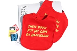 Baby Moo's 2 Funny Baby Bibs Gift Set | THESE FOOLS PUT MY CAPE ON BACKWARDS | Superhero Baby Bibs [0-3 Years Boys/Girls] Baby Shower, Unisex or Twin Gifts | 1st Birthday Gift (2 Bibs + Extras)