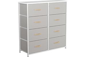 CubiCubi Chest of Drawers with 8 Drawers, Bedroom Drawers, Fabric Dresser with Wooden Top and Handles, Sturdy Steel Frame, Large Storage Space for Bedroom, Living room, Closet, Light Grey and White