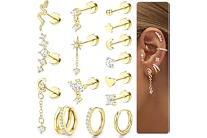 CASSIECA 15 Pcs Piercing Helix Boucles d'Oreilles Femme Acier Chirurgical Piercing Oreille Cartilage Boucles d'oreilles Pendantes Creoles Tragus Piercing Anneaux Conch Lobe Helix Piercing Or Argent