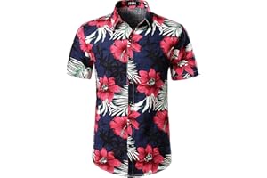 JOGAL Herren Casual Floral Blumenmuster Kurzarm Hawaiihemd