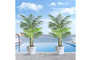Keeplush 4ft Tall Triple Golden Cane Palm Artificial Tree Large Tropical Palm Tree UV Resistant Fake Plant in Pot for Indoor Outdoor Big House Living Room Outside Patio Office Home Decor 2Pack