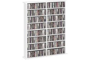 HOMCOM Rangements pour CD et DVD, Meuble de Rangement multimédia, capacité Max. 720 CD/396 DVD et Blu-Ray, 16 Compartiments et 12 étagères réglables, pour Salon, Chambre, 106,5x24x126,3cm, Blanc