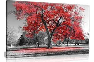 PANTHER PRINT Impression sur toile avec grand arbre et feuilles rouges - Noir et blanc - 60,9 cm x 40,6 cm