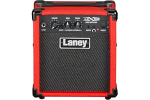 Laney LX10B Bass Guitar Amp -10 Watt, 2 EQ combo portable practise guitar amplifier perfect for beginners. Headphone out for silent practise and Aux in to jam along - Red