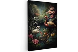 MuchoWow© Cuadros Salon Modernos 80x120 cm Adornos Pared Decorativos Dormitorio Lienzo Pinturas Quadro Decoración Flamenco - Flores - Selva - Pájaros - Naturaleza