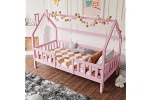 Moimhear - Lettino per bambini a forma di casetta con camino, 90 x 200 cm, in legno di pino (rosa)