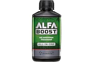 GROWSARTIG ALFA BOOST ALL-IN-ONE Pflanzen-Booster mit Triacontanol 0,25 Liter. Für Blüte, Wachstum und Bewurzelung. Steigert den Ertrag. Biozertifiziert, 100 % organisch und vegan.