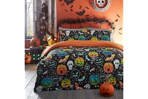 Bedlam - Halloween Pumpkin & Skulls Duvet Cover - Single Bedding Size (140 x 200cm) - Reversible (2 Designs) - Glow in the Dark Duvet Cover - Skeleton & Bat Design with Themed Decorations