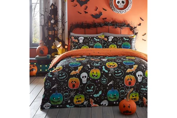 Bedlam – påslakan för halloween pumpa och skallar – enkel sängstorlek (140 x 200 cm) – vändbart (2 mönster) – lyser i mörkret påslakan – skelett- och fladdermusdesign med temadekorationer