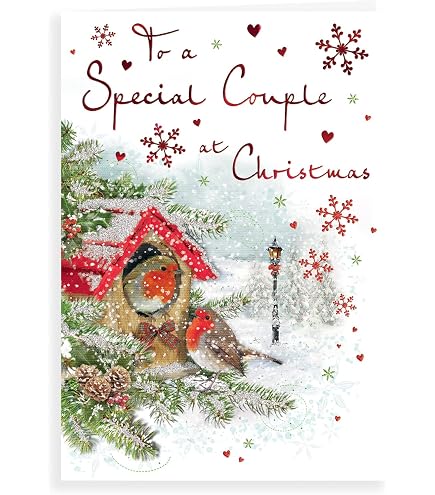 Jonny Javelin Weihnachtskarte – „Special Couple“ Mit Kuckucksuhr & Rotkehlchen, Rot-gold