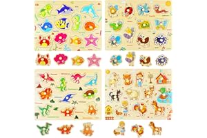 Ulikey 4 Piezas Puzzle de Madera Animales, Insectos, Animales Marinos, Dinosaurios, Rompecabezas Madera Aprendizaje Temprano Juego Educativo Juguetes Educativos Montessori Juego de Regalo para Niños