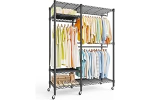 REIBII Clothes Rail, Heavy Duty Clothes Rails, Metal Clothing Rail Clothing Garment Rack Coat Rails Closet Rack,on Wheels Freestanding Open Wardrobe for Bedroom with Adjustable Shelves, Black