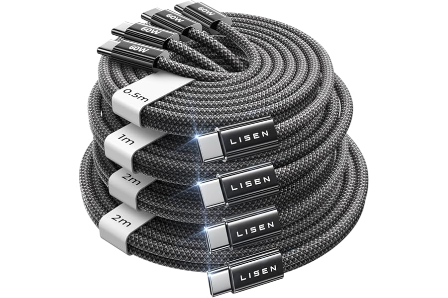 LISEN USB C to USB C Cable Charger 4-Pack [0.5/1/2/2M] for USBC to USBC Cable 60W C to Type C Charger Cables Fast Charging for iPhone 17 Pro Max 16 15 iPad Pro Air Samsung Galaxy S25 S24 Pixel Switch