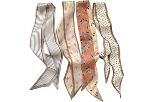 ZGGZHeim Set of 4 Slim Neckerchiefs, Women's Fashionable Satin Scarf for Handbags, Hair and Neck