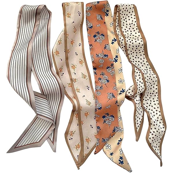 Lot De 6 Foulards En Satin De Soie - 92x6 Cm, Motifs Variés, Pour Sac à Main, Cheveux, Cou, Décoration