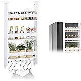 Relaxdays Hängeregal für Kühlschrank, Aufbewahrung von Gewürzen, mit Küchenreling & 5 Haken, MDF, HBT: 74x42x20 cm, weiß, 1 S