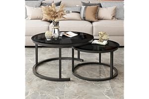 ‎HAWTHYHOME Hawthyhome 2 Stücke Beistelltisch Set rund, Couchtisch aus Glas mit Metallrahmen,Moderne Kaffeetische Satztische für Wohnzimmer Schlafzimmer Schwarz Glas