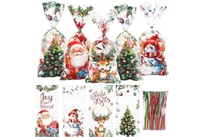 DERAYEE Sachet de Bonbons de Noël Transparent, Lot de 120 Pcs en Plastique pour Emballer des Bonbons,Sacs de Cellophane Noël,4 Motifs Différents Sacs Transparents pour Bonbons Biscuits Chocolat