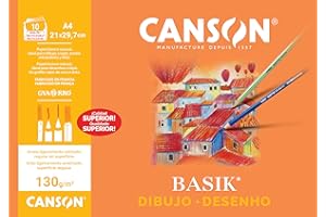 Canson Dibujo Basik, Papel de dibujo blanco, Grano fino, 130gsm, Minipack, A4-21x29,7cm, Blanco natural, 10 Hojas