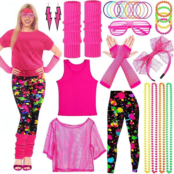 POPAPIE 2 stuks jaren 80 90 outfit voor dames, off-shoulder netshirt, neon bovendeel dames, nethemd, eenheidsmaat met 2 paar handschoenen voor verjaardag, cosplay, carnavalskostuum