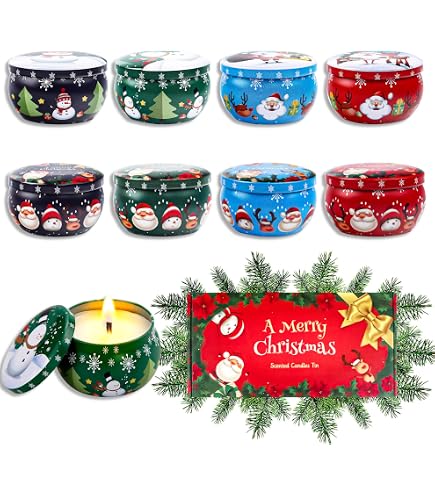 Lot De 8 Boîtes En Fer-Blanc Rondes Thème Noël - Pots Vides Pour Fabrication De Bougies DIY Et Cadeaux Festifs