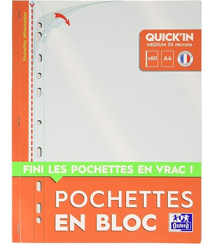 Bloc De 60 Pochettes Plastiques A4 OXFORD Quick'in - Perforées, Insertion Facile, Fabriqué En France