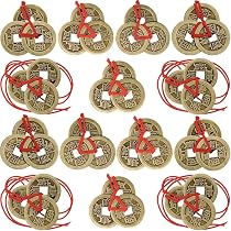 Chinesische Glücksmünzen – 3 Stück, Mit Rotem Knoten, Feng Shui Münzen – Für Reichtum & Glück, Ca. 35 Cm
