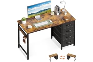 ODK Piccola Scrivania con 4 Cassetti in Tessuto, 100x48cm Tavolo per Computer con Gancio per Cuffie, Scrivania Ufficio Reversibile per Uffici e Postazioni di Lavoro, Marrone