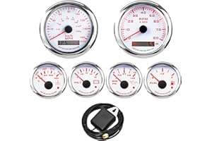 MOTOR METER RACING W PRO 6 Gauge Set 85mm 3-3/8" GPS Speedometer 160MPH/240KMH & Rev Counter 52mm 2-1/16" Water Temp Volt Oil Pressure Fuel Level - White Dial Red led - For Automotive Marine