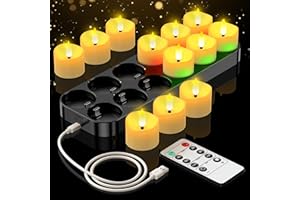 ‎DAPHOMEU daphomeu Wiederaufladbar LED Teelichter 12 Stück, Flammenloses Teelicht mit Ladestation & Timerfunktion und Fernbedienung, Batteriebetriebene LED Kerzen für Weihnachten Halloween Gebete Hochzeiten