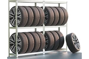MONZANA® Set of 2 Tyre Racks | Space for 8 Tyres | 795 KG Load Capacity | Height-Adjustable | Rubber Floor Protection | MDF | Heavy Duty Storage Shelf | Workshop | Garage | Shed